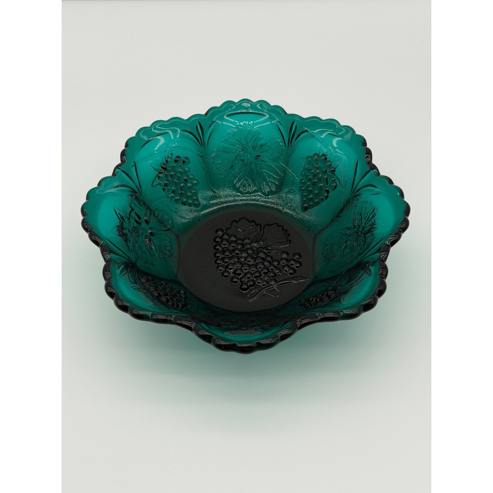 Vintage Teal Emerald Green Imperial Glass Bowl Grape & Floral Scalloped Rim 9"